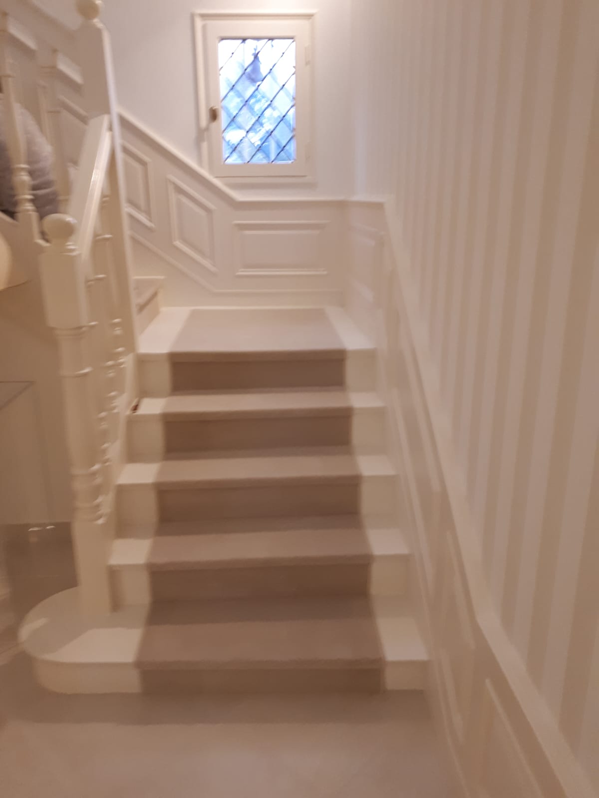 Escalier élégant habillé d'une moquette beige